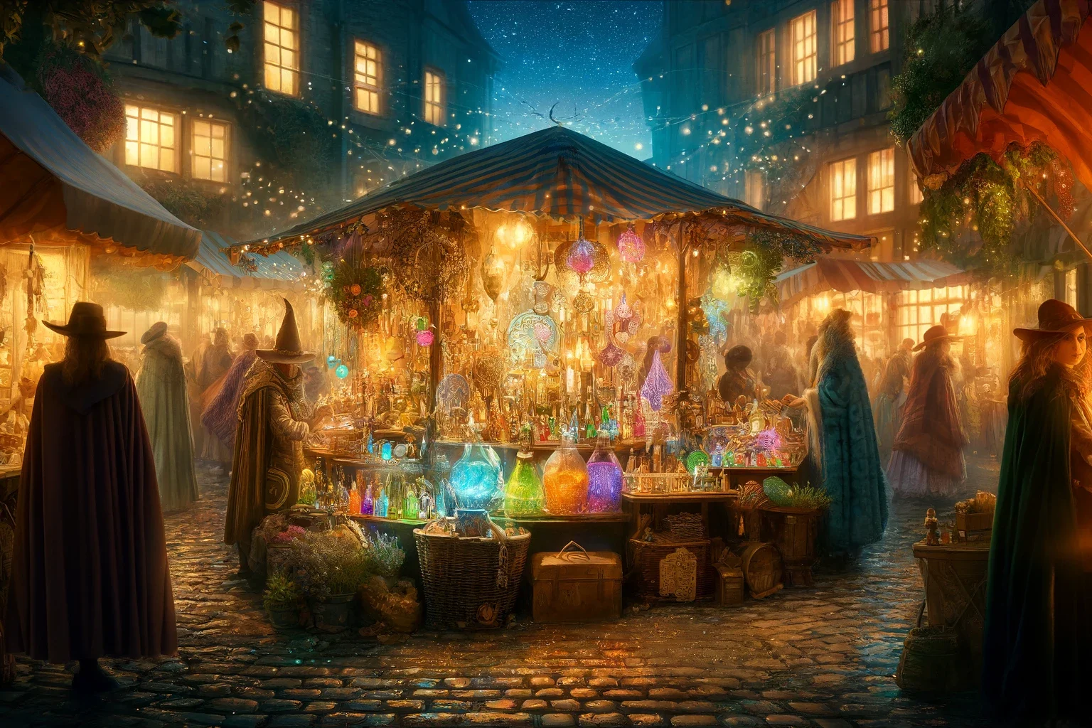 DALL·E 2025-01-10 17.26.23 – A magical market scene with colorful stalls under glowing lanterns, displaying enchanting items such as potions, spellbooks, magical artifacts, and wh DALL·E 2025-01-10 17.26.23 - A magical market scene with colorful stalls under glowing lanterns, displaying enchanting items such as potions, spellbooks, magical artifacts, and wh